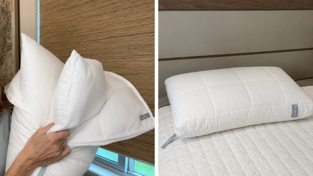 Hand actively unzipping pillow to reveal 2-layer system